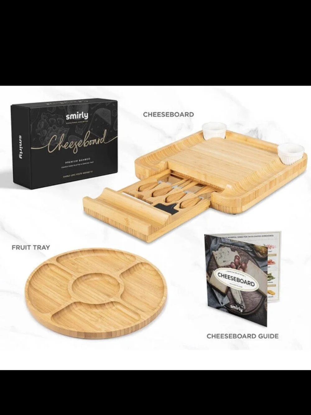 SMIRLY Bamboo Charcuterie Cheese Board Set with Utensils & Fruit Tray NIB